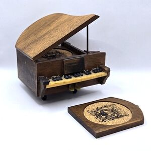 Vintage 1975 ENESCO Wood Art Grand Piano With 6 Coaster Complete Set